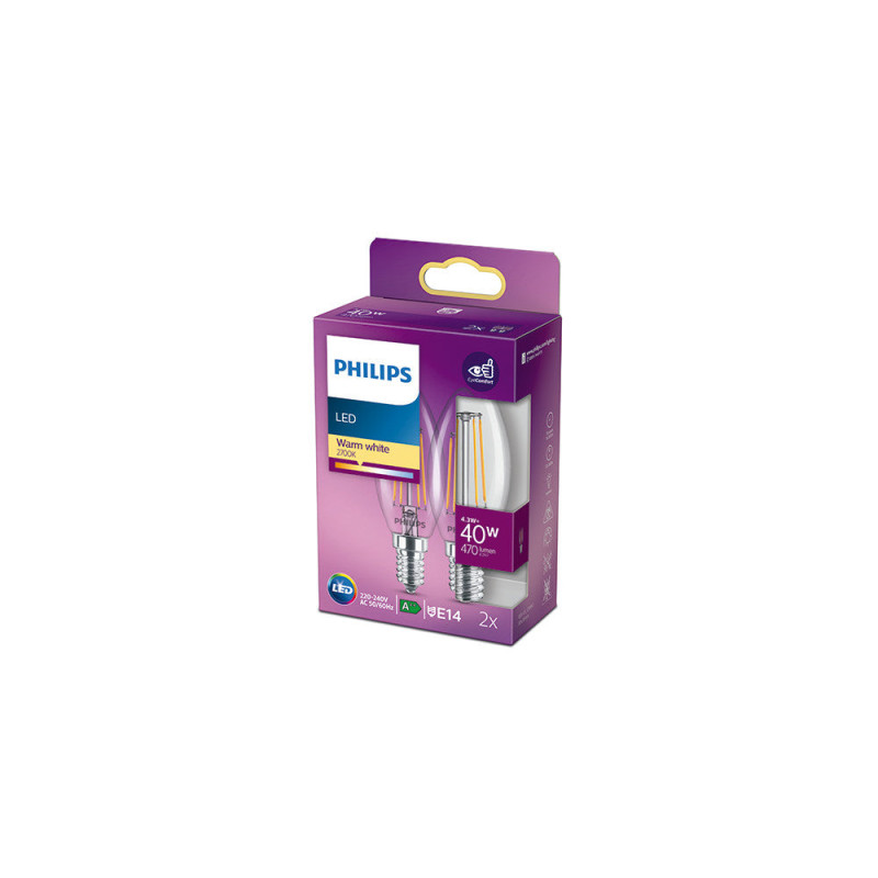 Pack 2 Bombilla LED Philips E14 B35  4.3W 470Lm 2700K [PH-929001889767
