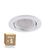 Pack de 5 Bombillas LED GU10 6W 700Lm 6000ºK 40.000H - Aro Downlight Redondo Inclinable "Vepa" Acero 90mm - Blanco