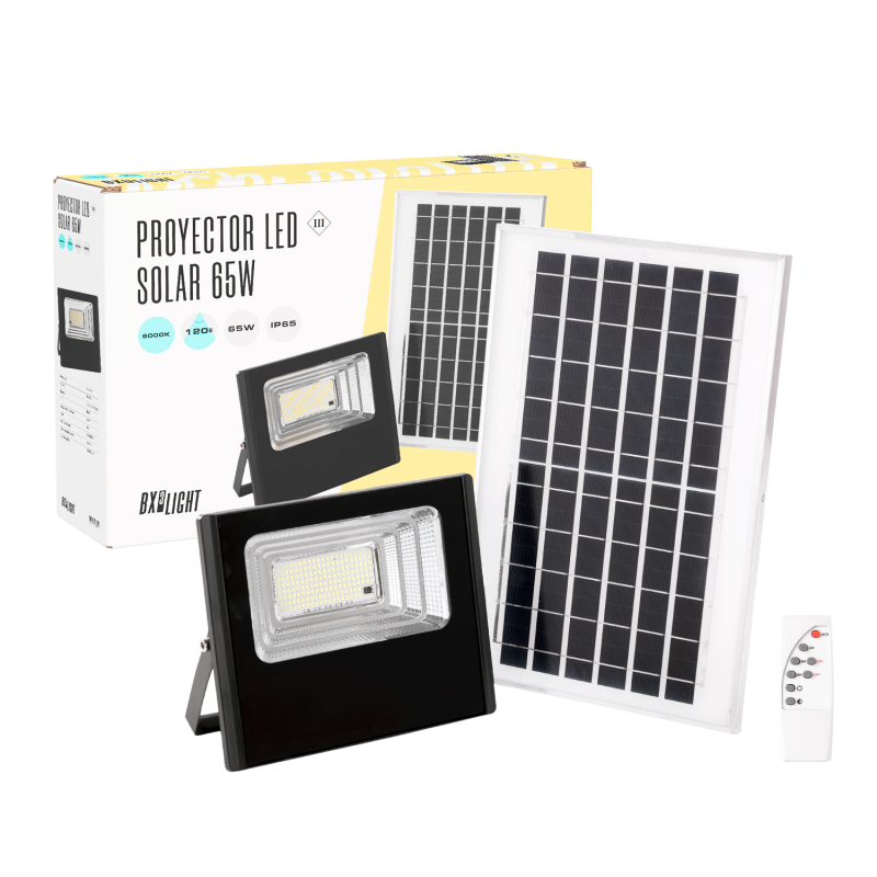 Proyector LED Solar 65W 6500K Panel: 6V/8W Batería: 3,2V/5000MaH Control Remoto    [BX3-SOLARFL-65W-01]