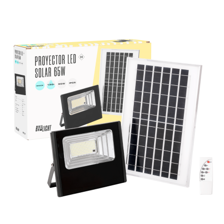 Proyector LED Solar 65W 6500K Panel: 6V/8W Batería: 3,2V/5000MaH Control Remoto    [BX3-SOLARFL-65W-01]