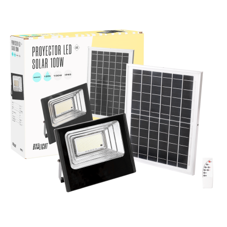 Proyector LED Solar 100W 6500K Panel: 6V/12W Batería: 3,2V/8000MaH Control Remoto    [BX3-SOLARFL-100W-01]