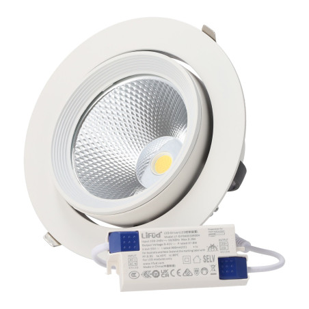 Foco Downlight LED 40W CCT (Tonalidad Luz Regulable) Circular Orientable Driver LIFUD 40.000H Microprismático