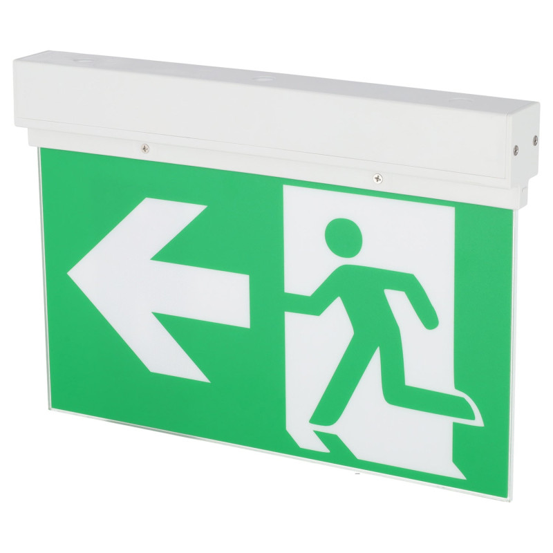 Luz de emergencia LED permanente de 3 W para montaje en superficie con señalización de doble cara y autotest