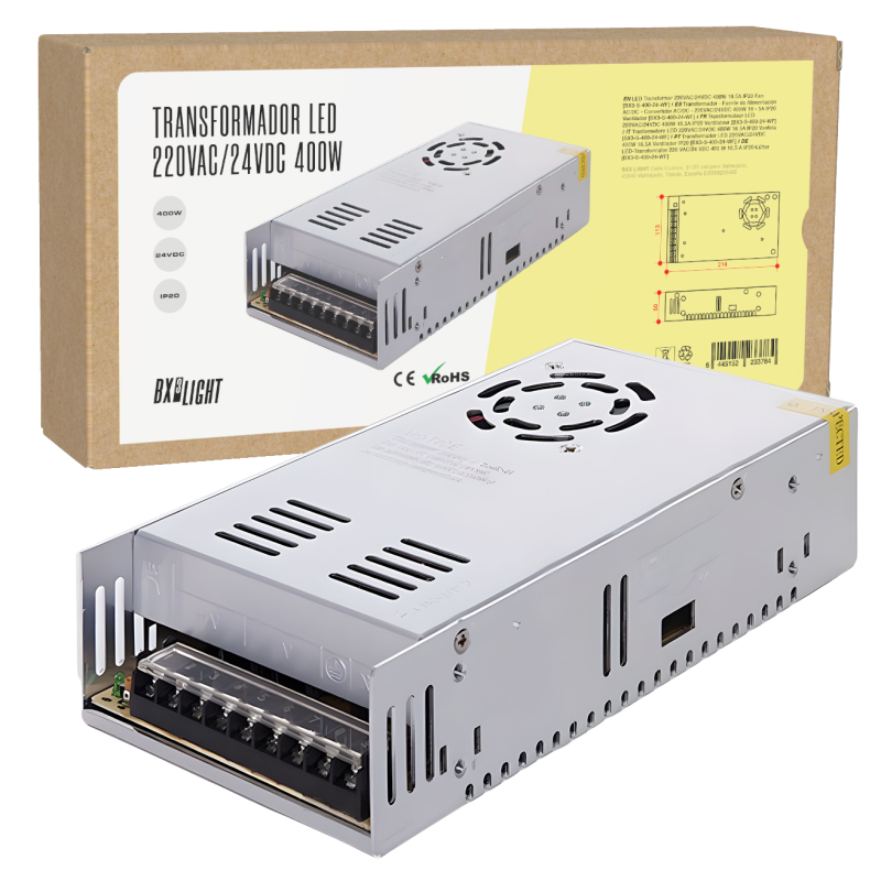 Transformador -  Fuente de Alimentación AC/DC -  Convertidor AC/DC - 220VAC/24VDC 400W 16 - 5A IP20 Ventilador [BX3-S-400-24-WF]