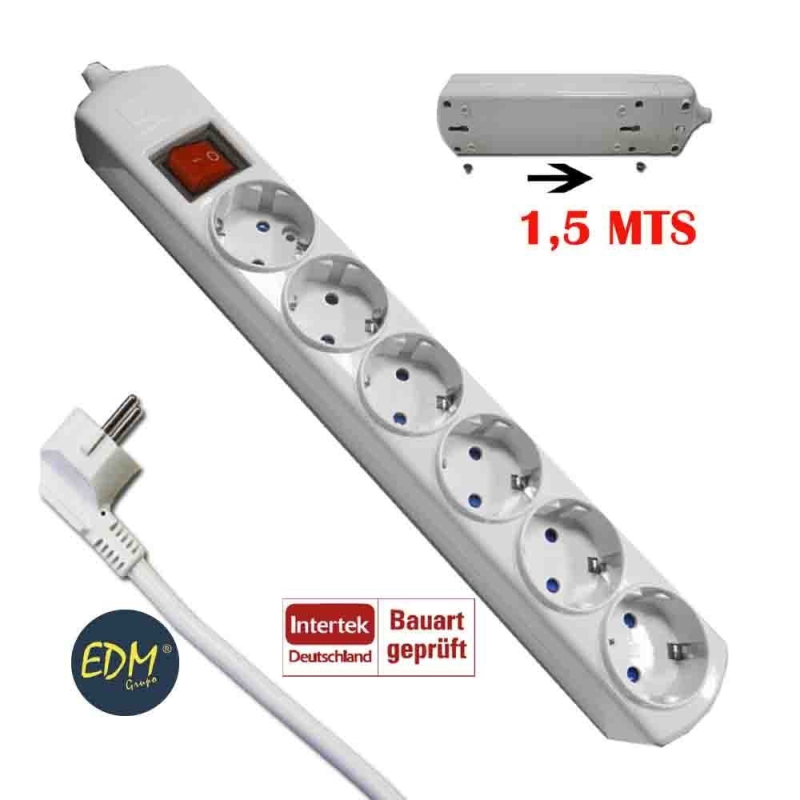 BASE MULTIPLE 6 TOMAS EASY-FIX 3X1,5mm 1,5MTS CON INTER. T/TL 10/16A EDM